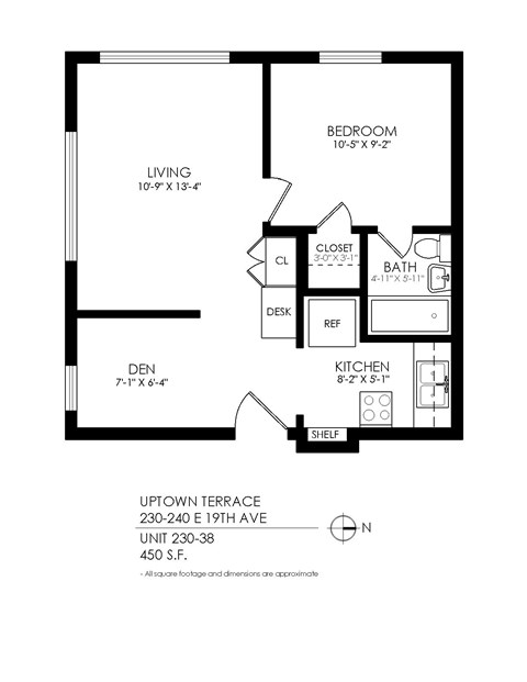 A black and white image of a floor plan for a one bedroom apartment.